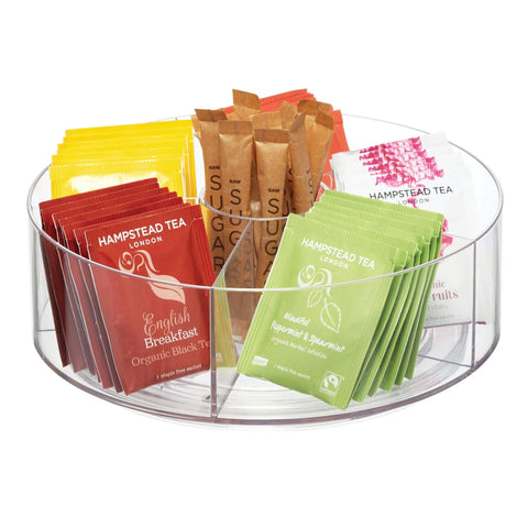 Rotating Turntable Tea Packet Organizer With Five Divided Compartments And Center Cup For Cabinets Or Countertops Clear Finish