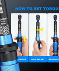 Instructional image showing how to set the Torque Wrench, UPGRADE Mini 1/4" Drive Click Torque Wrench,20-240in.lb, with three steps