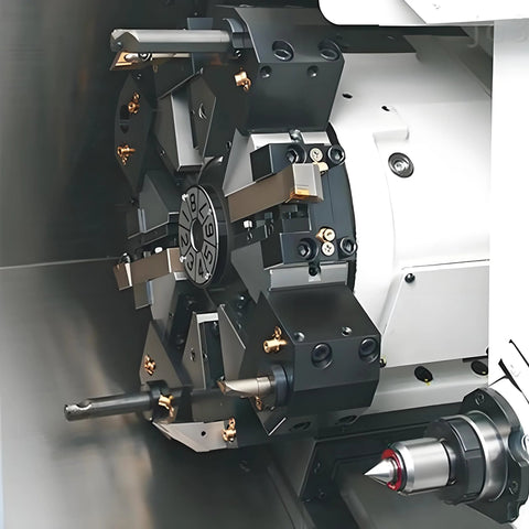 Lathe machine with 5 Pack 10Mm Brass Ball CNC Nozzle With Slanted Hole And Screw Lock, extending coolant flow for high pressure cutting.
