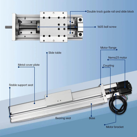 300mm heavy CNC linear actuator kit with enclosed aluminum stage, NEMA23 stepper motor, 1605 ball screw, dual MGN15 rails