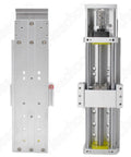 Front and side view of CNC Linear Motion Rail Guide 200mm Stroke Ball Screw Electric Linear Stage Actuator with Dust Cover for Nema23 Stepper Motor X Axis CNC Router.