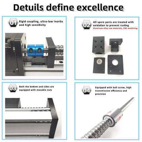 Precision CNC Linear Rail Slide And Motion Stage With 8 Inch Stroke 200mm SFU1605 Ball Screw features and components