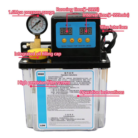Automatic CNC Lubrication Pump System Kit with 1L or 2L capacity, pressure gauge, timer, and wiring interface.