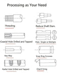 Technical diagram showing threading, shaft reduction, hole drilling, key way, snap ring grooves for 16mm Ball Screw Kit SFU1605 CNC use.