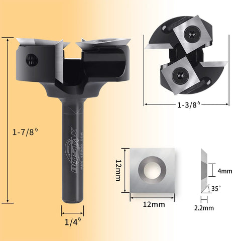 CNC Spoilboard Surfacing Router Bit with 1/4 Inch Shank, 1-3/8 Inch Cutting Diameter, showing carbide inserts and dimensions