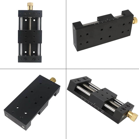 CNC Sliding Table, X/Y Axis Linear Stage Actuator, 75mm Stroke Manual Linear Position Stage with Ruler and Base, shown from multiple angles