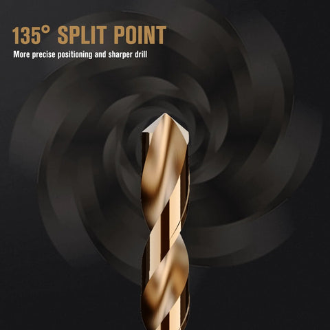 Close-up of drill bit tip with 135° split point, ideal for precise drilling in Cobalt Drill Bit Set 115 Piece M35 High Speed Steel For Hardened Metals Stainless Steel Cast Iron Wood And Plastics With Metal Index Storage Box Includes Fractional Sizes One Sixteenth To One Half Inch And Letter Sizes A To Z And Numbered Sizes One To.