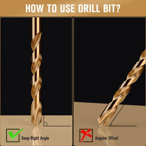 Diagram showing correct and incorrect use of Cobalt Drill Bit Set 115 Piece M35 High Speed Steel For Hardened Metals Stainless Steel Cast Iron Wood And Plastics