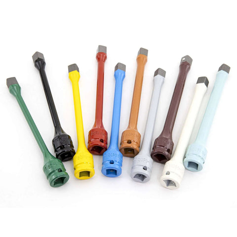 10 Piece 1/2" Drive Torque Extension Bar Set, Color-Coded, 60 ft.lbs.~150 ft. lbs. laid out in a row