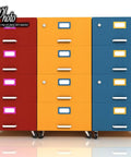 Colorful filing cabinets on wheels with handles and labels for office organization