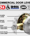 Passage Commercial Door Lever Heavy Duty Grade 2 Non Handed Satin Chrome 26D ADA Compliant UL 3 Hour Fire Rated features and certifications