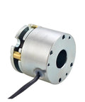 Compact 24V DC electromagnetic brake compatible with NEMA 17 stepper motors, side view showing metal casing and wiring detail.