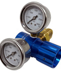 High Performance Compact Aluminum Nitrogen Regulator 0 To 400 PSI With One Quarter Inch FNPT Outlet, Pro Grade Lightweight Billet Machined Aluminum With Blue Anodized Finish, CGA580 Brass Cylinder Connector, Dual Chrome Gauges And 45 CFM.
