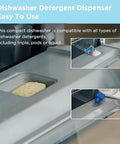 Close-up of detergent dispenser on compact countertop dishwasher with a built-in 5L water tank for apartments and RVs