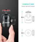 Compact Metal Mini Ball Head With 1/4 Inch And 3/8 Inch Screw Mount, 64mm high, 34mm base, on black background with dimensions shown.