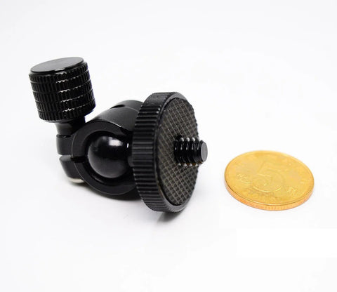 Compact Mini Ball Head Tripod Mount with One Quarter Inch Screw Connector next to coin, supports 360 degree rotation