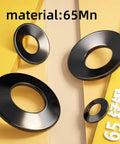 Conical Belleville Cup Washers 65Mn Three Eighths Inch High Strength 20 Pack shown in a display of various sizes