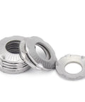 Conical Disc Spring Cup Washers 304 Stainless Steel 5 16 Inch 10 Pack stacked, front view of metal washers.