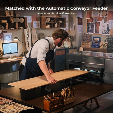 Man using Automatic Conveyor Feeder from Must Have Accessories Set For P2 And P2S Laser Engraver And Cutter