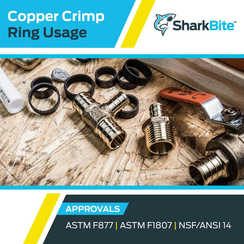 SharkBite Three Quarter Inch Copper Crimp Rings Pack Of 25 For PEX And PERT Pipe on wooden surface with fittings