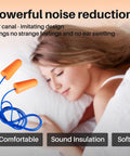 Woman sleeping with NRR 33dB Foam Ear Plugs With Cord Individually Packed 100 Pairs Per Box For Work And Construction Sites Bright Orange For High Visibility A Safe Hearing Protection Solution ANSI Certified Comfortable Soft Foam on pillow