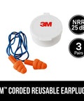 Corded Reusable Earplugs With Tri Flange Design For Secure Fit And 25 Decibels NRR, Orange, shown with blue cord and storage case.