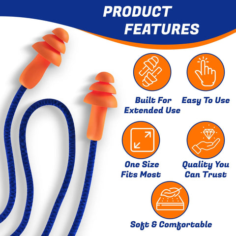Reusable Corded Silicone Earplugs With 25dB Noise Reduction For Shooting Range Hunting Construction Work And Motorcycling, illustrated features