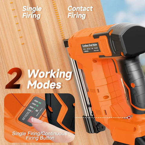 Cordless 18 Gauge Brad Nailer and Stapler in a 2 in 1 kit with two 4.0Ah batteries, fast charger, and 800 nails and 800 staples showing firing modes