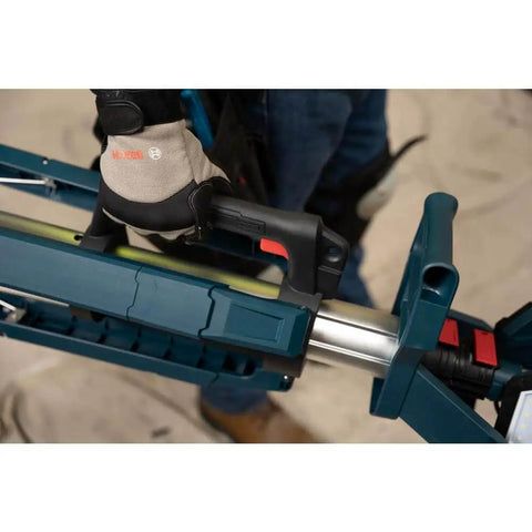 Close-up of Powerful 5000 Lumen Cordless LED Tower Work Light with 87 Inch Telescoping Stand being adjusted for construction use