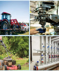 Collage of machinery including a tractor on a trailer, a milling machine, a lawn mower, and industrial piping system.