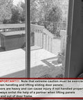 Cracked glass sliding patio door with safety notice, illustrating a need for Two Pack Sliding Patio Door Roller Assembly For Wood Glass Doors Part Number 0C8P0001 Compatible From 1992 To Present One And A Half Inch Steel Ball Bearing Edge Adjustable Stainless Steel Housing With Flange.