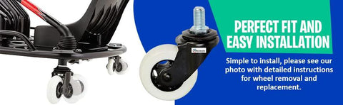 Premium Replacement Caster Wheel 76mm By 30mm For Razor Crazy Cart CC XL And DLX Complete Front And Rear Wheel Assembly shown installed