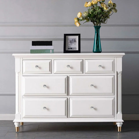 White dresser with Crystal Glass Cabinet Knobs 30mm Ball Shape Pulls Set of 20 With Screws for Cabinets Drawers; elegant and sparkling design.