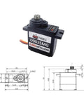 Front view of 2PCS D9025MG 9g Mini Servo, Micro Full Metal Gear Digital Servo with Metal Horn and technical diagram.