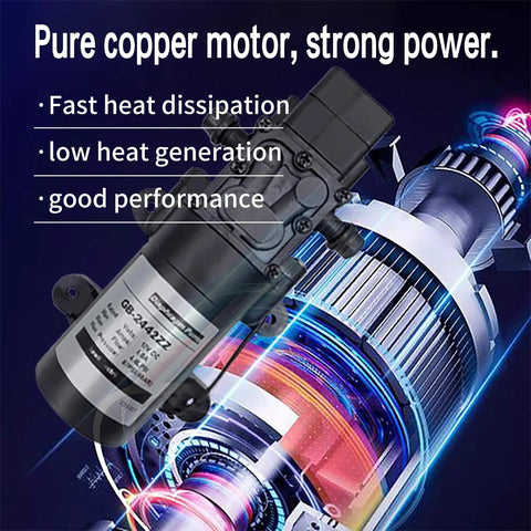 DC 12V Diaphragm Pump, Self-Priming Sprayer Pump, 1.2 GPM 87 PSI Pressure Switch Adjustable water pump image showing copper motor