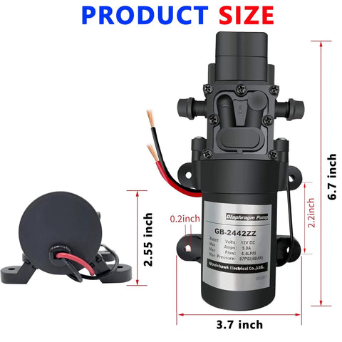 DC 12V Diaphragm Pump, Self-Priming Sprayer Pump, 1.2 GPM 87 PSI Pressure Switch Adjustable water pump dimensions shown