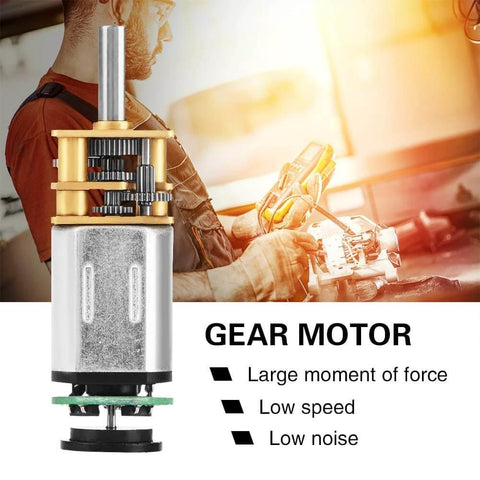 Close-up of DC 6V 2W Micro Speed Reduction Motor Mini Motor with Magnetic Coded Disc Hall Encoder (70RPM) on a workbench.
