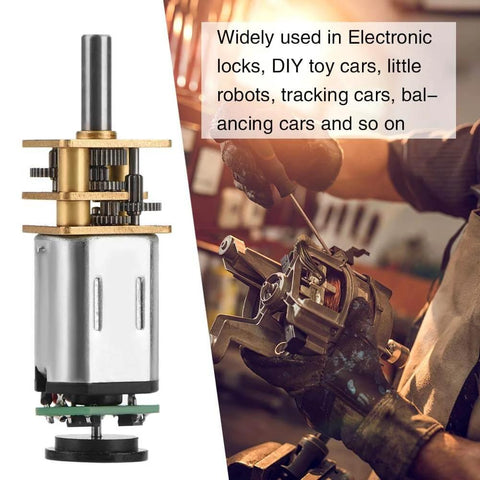 DC 6V 2W Micro Speed Reduction Motor Mini Motor with Magnetic Coded Disc Hall Encoder (70RPM) shown next to workshop setting.