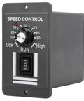 DC12V-60V/20A Motor Speed Controller with knob and switch, suitable for brushed motors, grey casing, forward/reverse function visible.