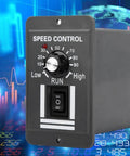 Front view of DC12V-60V/20A Motor Speed Controller with knob and switch for DC brushed motors.