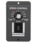 Front view of DC12V-60V/20A Motor Speed Controller with knob and switch for DC brushed motors, suitable for forward/reverse control.
