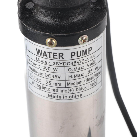 Label on DC Pump Large High Battery Solar Brass Motor Floating Impeller S455 DC48V showing specifications and wiring details.
