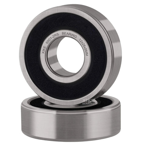Two Pack 6001-2RS Deep Groove Ball Bearings 12x28x8mm, pre lubricated and sealed, shown stacked, highlighting smooth design.