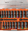 Deep-Well Three-Eighths Inch Drive Impact Socket Set With SAE And Metric Sizes, 23-Piece, Color-Coded Size Markings in case