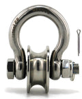 Detachable U Shaped Pulley with Large Size Long Screw Groove Pulley Wheel Track Fixed Pulley Suitable for Wire Rope Traction Small Crane Salvage System Pulley Model Silver front view showing stainless steel build with screw and pin.