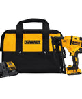 DEWALT 20V MAX XR Cordless Angled 16GA Finish Nailer with bag, charger, and battery for precise trim work without compressor