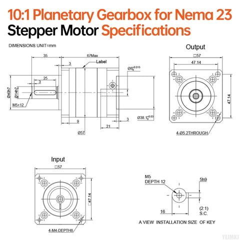 Technical diagram of Ratio 10:1 Planetary Gearbox for Nema 23 Stepper Motor 57-67mm showing specifications and dimensions.