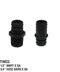 Two black fittings for Everflo 12V On-Demand Diaphragm Sprayer Pump - 5.5GPM, 60 PSI, Quick Attach Ports, half-inch MNPT and three-quarter-inch hose barb.