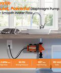 Cleartide Diaphragm Water Pump, 115V, 3.3 GPM, 50 PSI, Self-Priming 10FT installed under sink with built-in pressure switch
