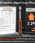 Digital Torque Wrench 3/8 Drive Electronic Torque Wrench with Preset Value(1.5-99.5 Ft-lbs./2-135Nm), inspection certificate, accuracy chart.